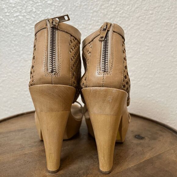 Loeffler Randal Tan Leather Woven Wooden Platform Sandals Women's Size 10 - Picture 6 of 8